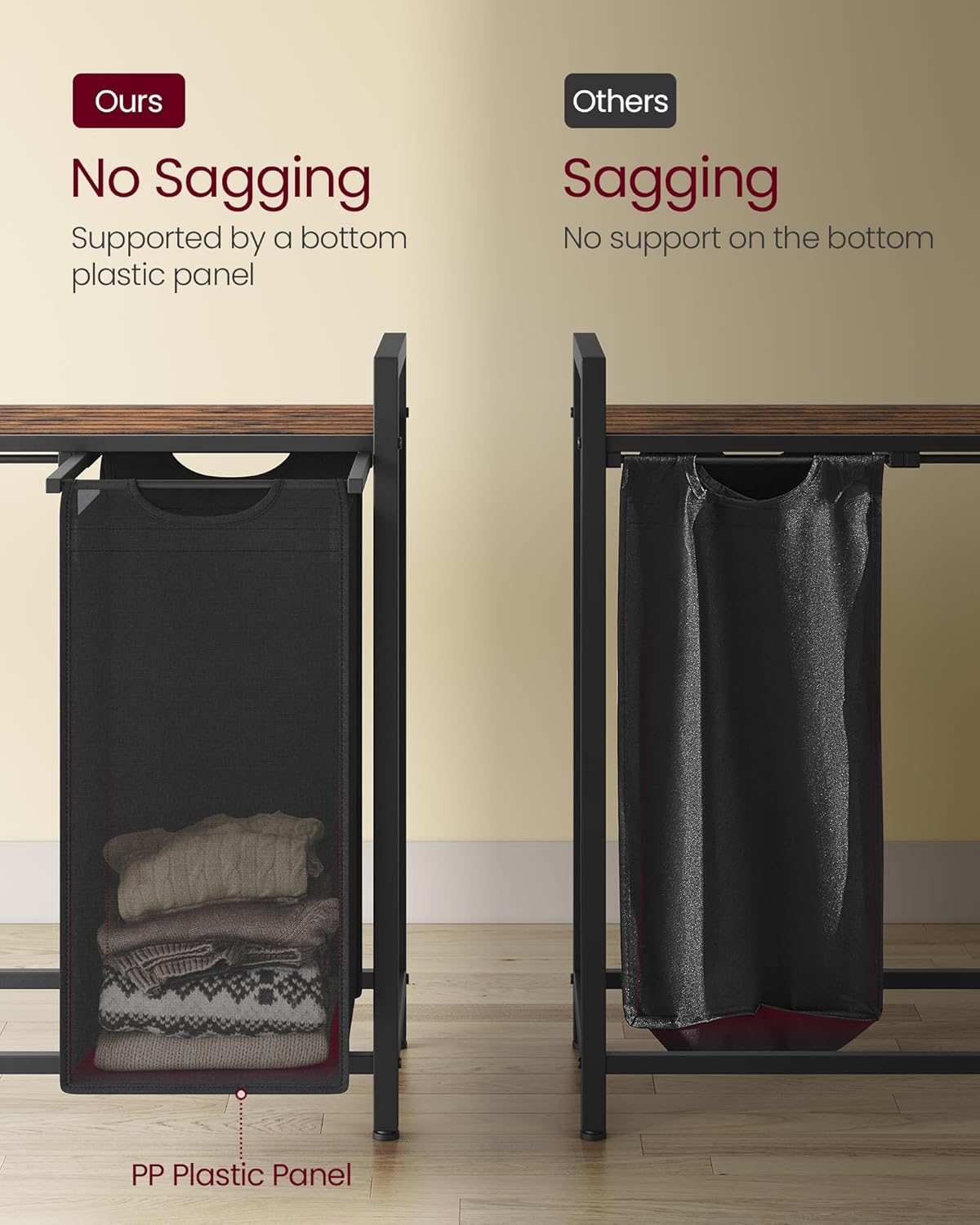 VASAGLE Laundry Hamper, Laundry Basket Sorter with 3 Pull-Out and Removable Bags, Shelf, Metal Frame, 3 x 10.6 Gallons (40 L), 36.4 x 13 x 28.4 Inches, Cappuccino Beige and Natural Beige UBLH301LH01