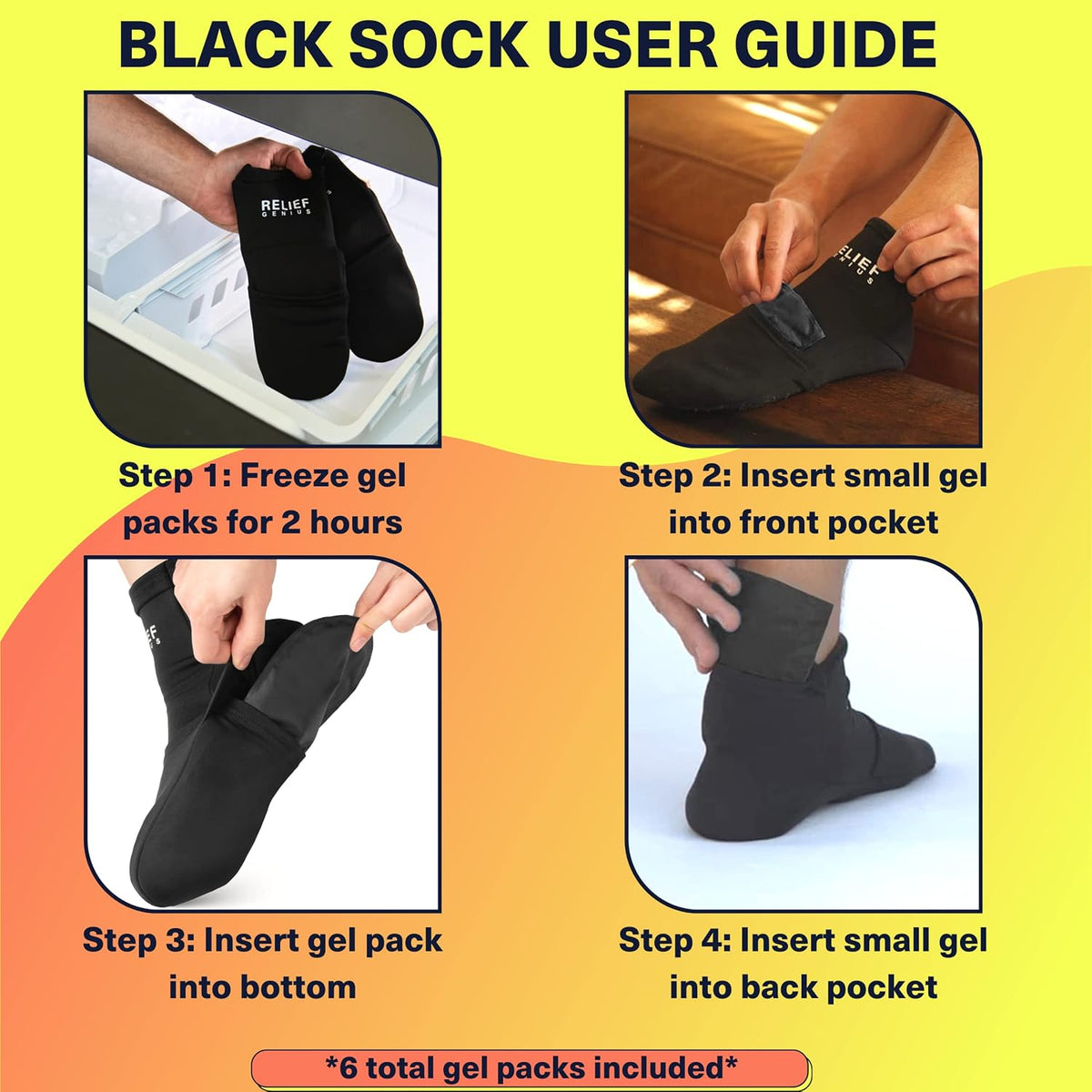 Relief Genius Cold Therapy Socks with Reusable Gel ice Packs - Achieve Relief from Sprains, Muscle Pain, Bruises, Swelling, Edema, Chemotherapy, Arthritis, Post Partum Foot (Black, Large)