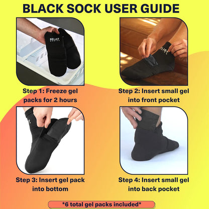 Relief Genius Cold Therapy Socks with Reusable Gel ice Packs - Achieve Relief from Sprains, Muscle Pain, Bruises, Swelling, Edema, Chemotherapy, Arthritis, Post Partum Foot (Black, Large)
