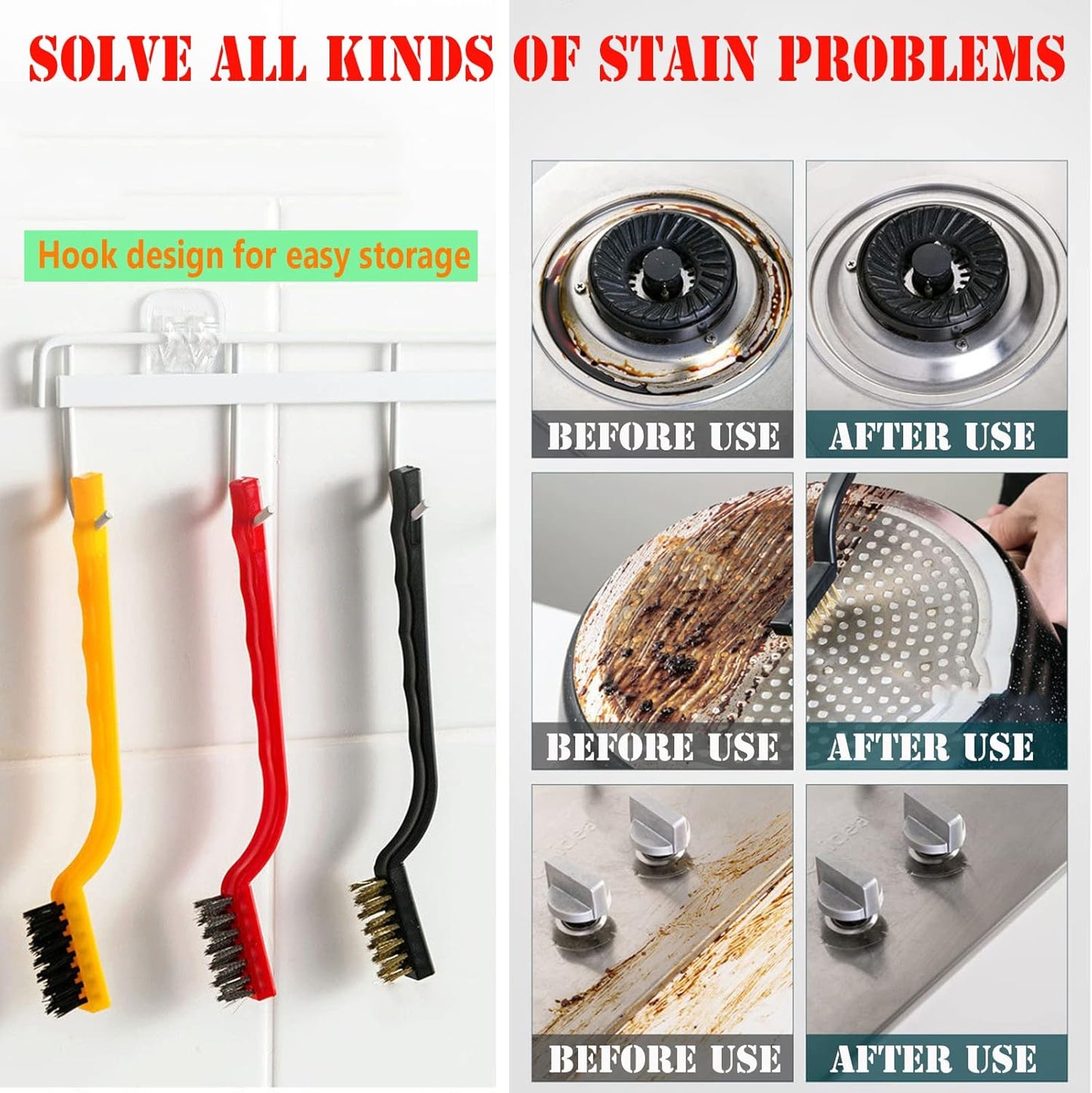 5Pcs Kitchen Stove Cleaning Brush + Scraper Tool Set, Brass, Stainless Steel and Nylon Brush Head Brushes for Range Hood Grease Grime, Heavy Duty Scraper for Gas Burners Cooktop Pot Pan