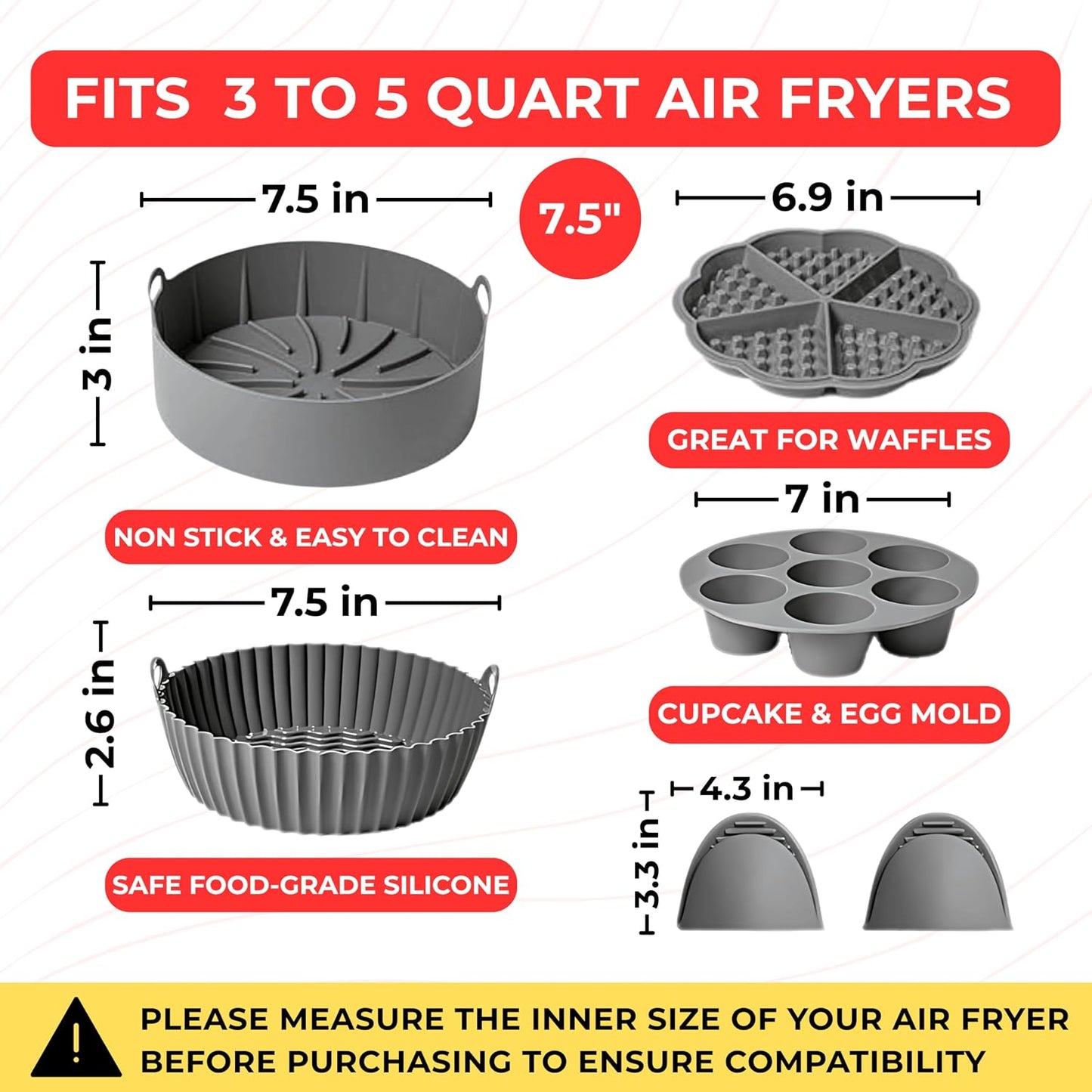 EM 4-pc Silicone Air Fryer Liners Baking Set for Cake, Donut, Waffle, and Brownie - Reusable Silicone Baking Molds for 3-5 Qt Airfryers - Easy to Clean Air Fryer Baking Accessories for Home Bakers
