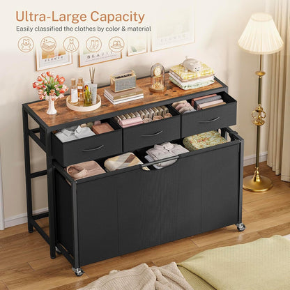 Laundry Sorter, Rolling Laundry Hamper with 3 Section Pull-Out Bags, Laundry Basket Organizer with 2 Drawers & 2-Tone Top Panel, Laundry Hamper with Wheels for Laundry Room Organization, Bathroom