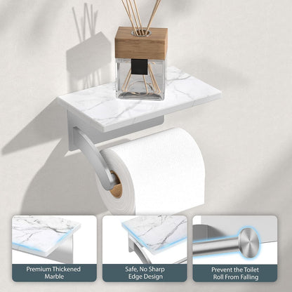 FORIOUS Toilet Paper Holder with Shelf, Natural Marble, Commercial | Brushed Nickel, Wall Mount 304 Stainless Steel Commercial Bathroom Tissue Roll Dispenser, Heavy Duty Washroom Paper Storage