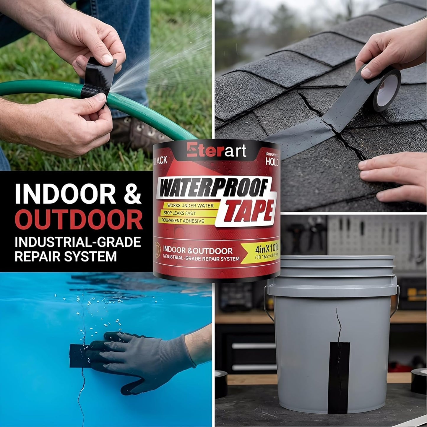 Waterproof Tape Black, Seal Repair for Roofs, Pool Liners & Pipes, 4"x10FT | Heavy Duty Rubberized Active Leaks, - All-Weather Emergency Patch Tool for Homeowners & Campers, Easy to Apply, Durable