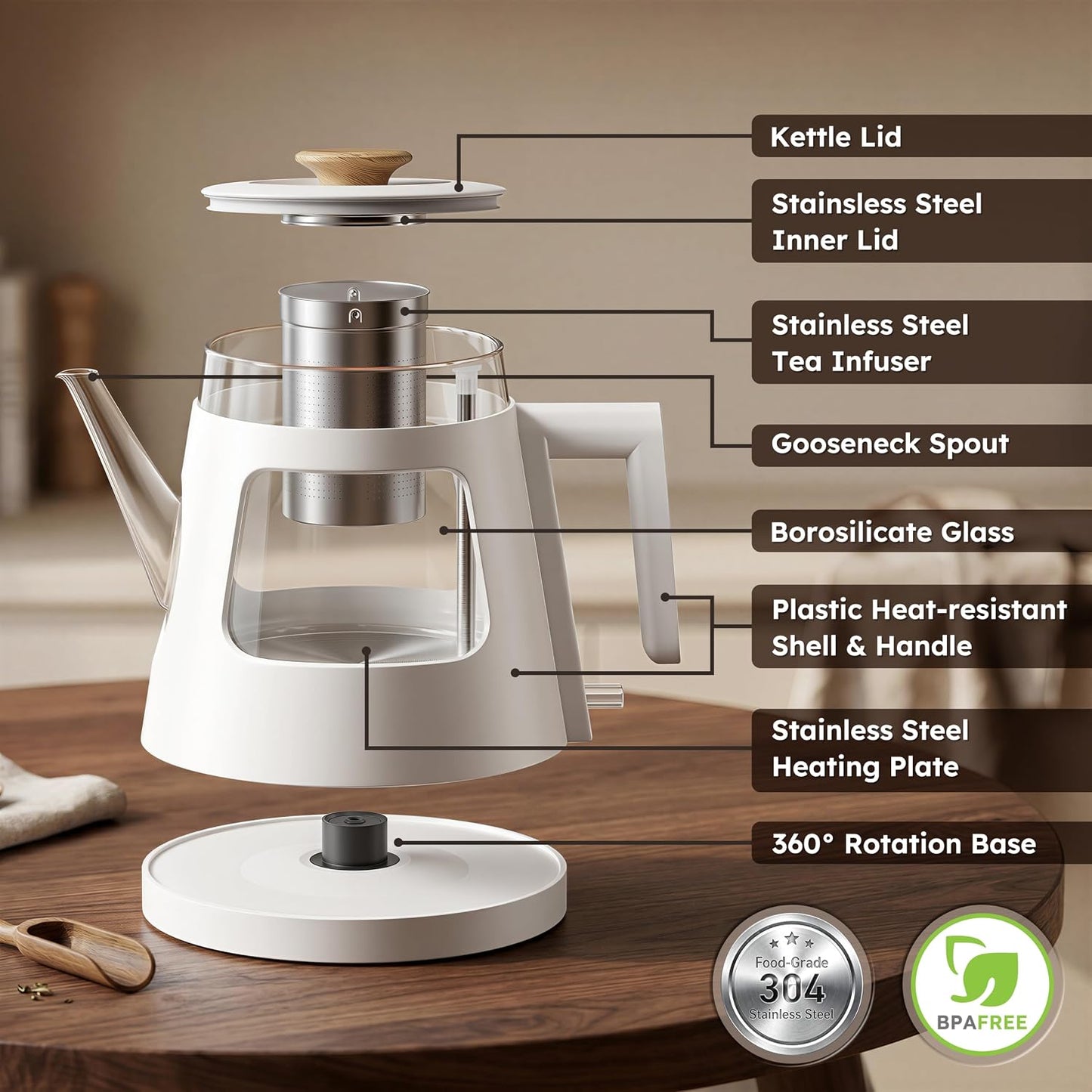 TOPWIT 2.0L Glass Electric Kettle, Hot Water Boiler, BPA-Free | Stainless Steel Bottom & Lid, Fast Boil, Auto Shut-Off & Boil-Dry Protection, No Plastic Odor | for Tea, Coffee, Home, Office