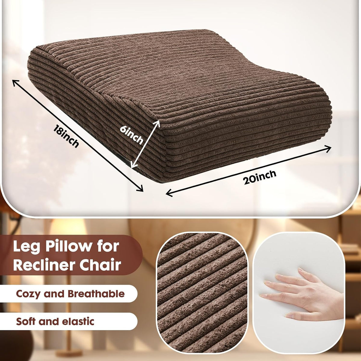 B Shape Corduroy Recliner Foot Pillow, Foam Extra Large Foot Rest Cushion with Adjustable Straps, Suitable for Bed Chair Sofa Headrest Back Lumbar Leg Support Pillow (Light Brown)