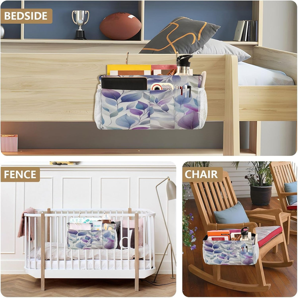 Bedside Caddy Hanging Storage Bag Dancing Leaves Bedside Organizer Caddy for Bunk, Dorm Room, Hospital Beds - Place Magazines / Remotes / Keys