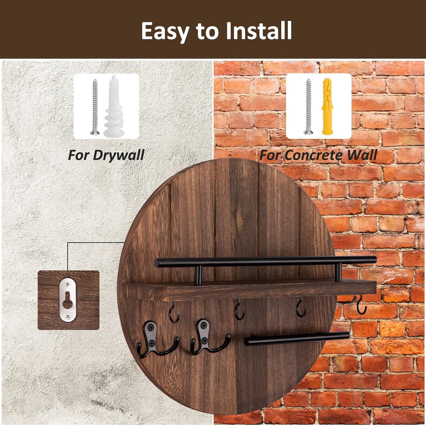 Nekon Key Holder Wall Mount, 11.8” Wood Mail Organizer for Wall, Brown | Round Wall Shelf with 6 Key Hooks, Rustic Key and Mail Holder, Key Hanger for Entryway Hallway Kitchen