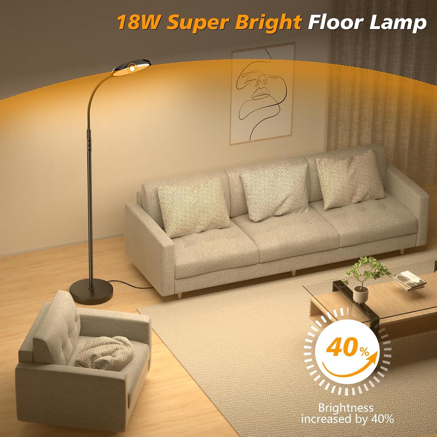 PACOVY Floor Lamp, Adjustable Height Floor Lamps for Living Room Bedroom, 120 LED Super Bright Standing Lamp Remote & Touch Control Dimmable Gooseneck Tall Stand Reading Lamp for Office Craft, Black