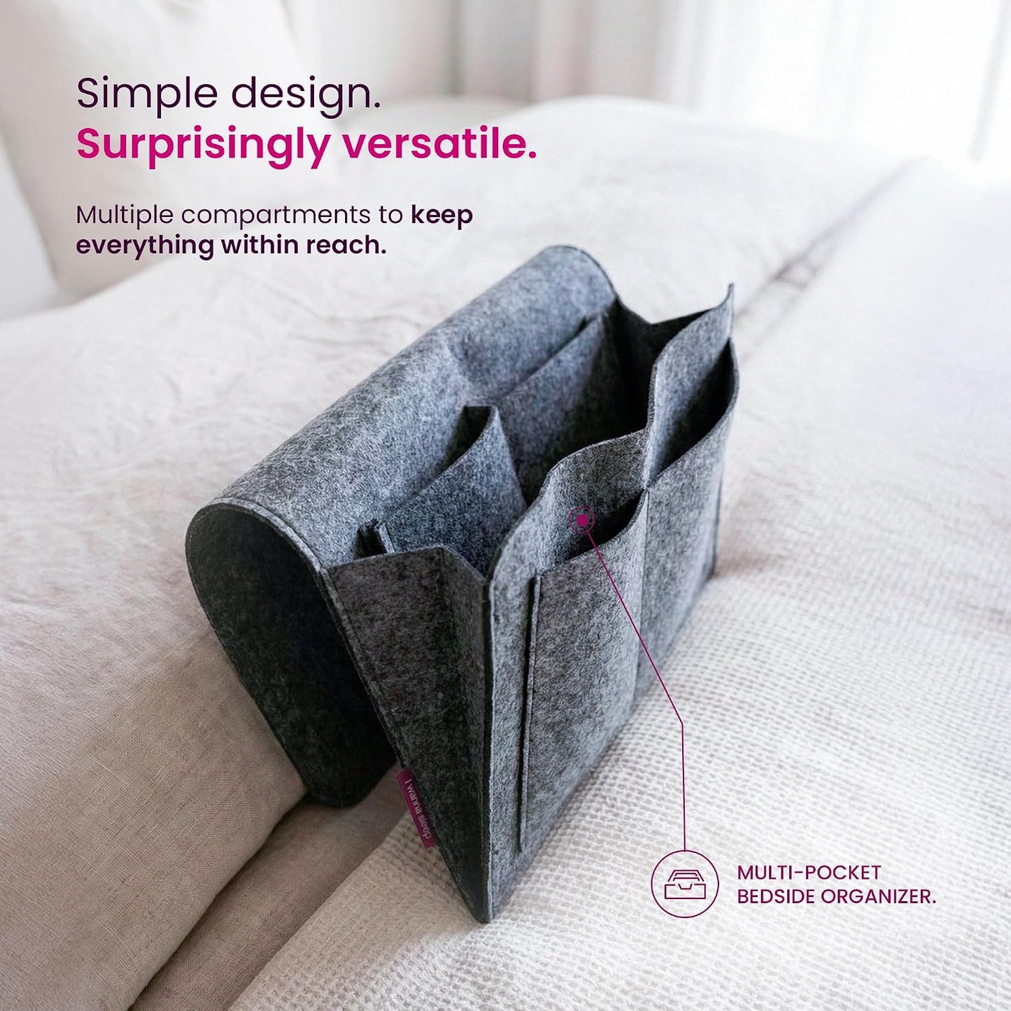 IWS Bedside Storage Caddy, Non-Slip Hanging Organizer with Easy Access Pocket for Phone, Tablet & Remote, Fits Queen & King Beds, Gray