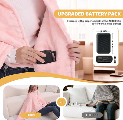Cordless Heated Blanket, Battery Operated Heating Blanket with 20000mAh Rechargeable Power Bank, Portable Heated Throw Blanket, 59"x 35.5" Electric Heated Shawl, 3 Fast-Heating Levels (Pink)
