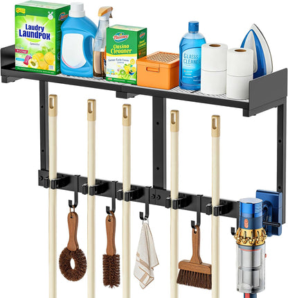 27" Mop and Broom Holder Wall Mount with Top Storage Shelf & Hooks,Black | Mop Hanger Wall Mount, 5 Grippers, 5 Hooks, Wall Organizer For Laundry Room, Garage And Kitchen