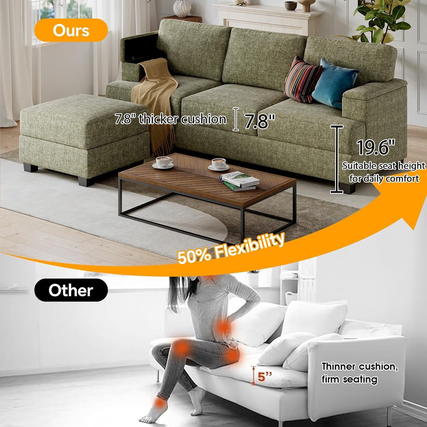 85'' L Shaped Couch with Armrest Organizer,Sectional,Movable Ottoman,Khaki | Comfy Sectional Sofa with Thick Cushion,3 Seats Sofas,Sectional Couches for Living Room,Bedroom,Apartment,Chenille