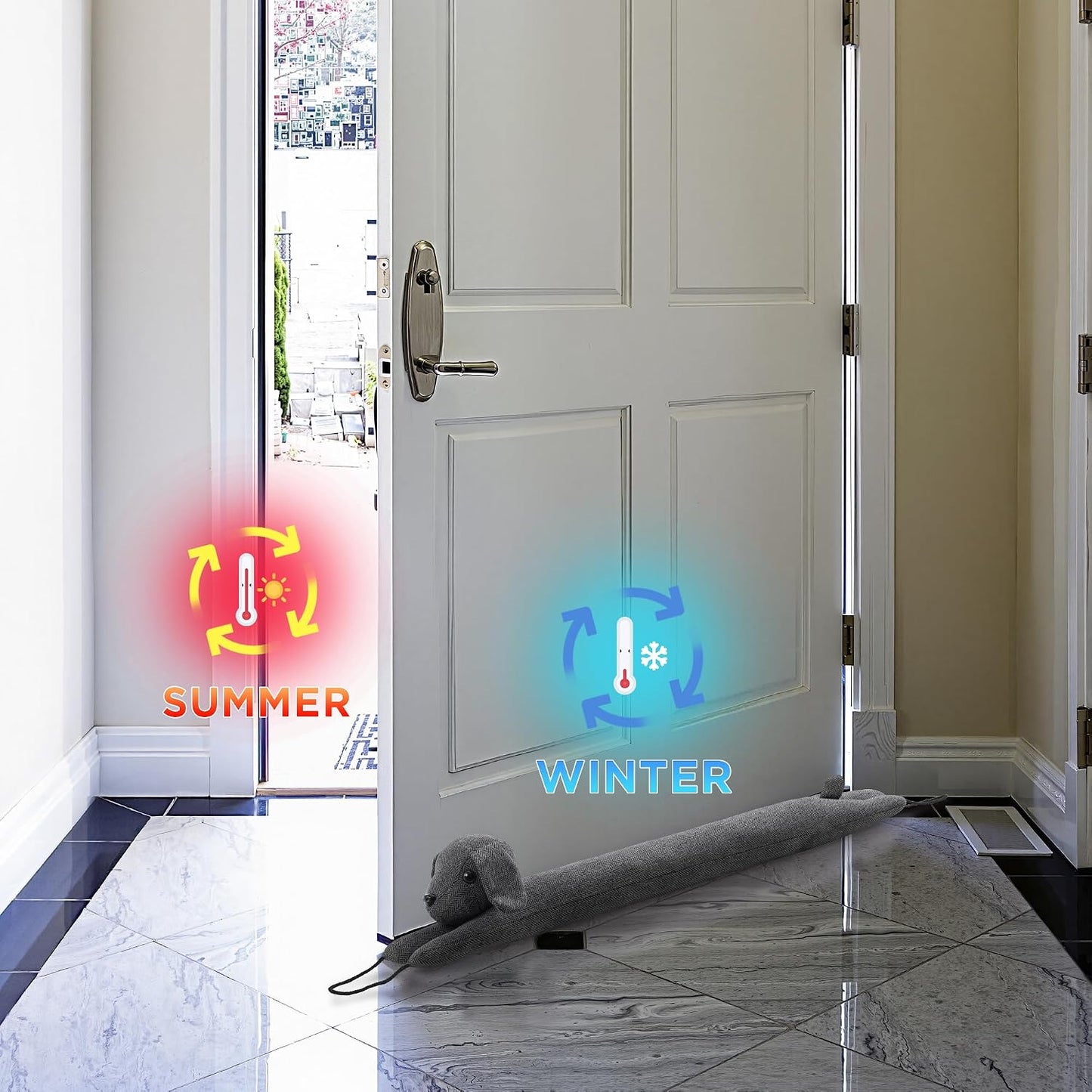 habibee Door Draft Stopper, Weighted Noise Blocker 38 in Coffee Dog | Robust Herringbone Fabric, Weighted Sandbags, Bouncy Cotton Filling, Blocks Light & Dust, Tool-free Setup, Animal Home Decor