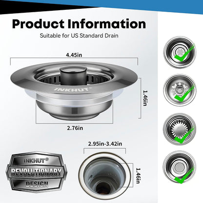 Upgraded 3 in 1 Kitchen Sink Drain Strainer | Stainless Steel Sink Stopper, Anti-Clogging Food Catcher Basket, Bounce Core Drain Strainer Plug for 3 1/2 inch Drain