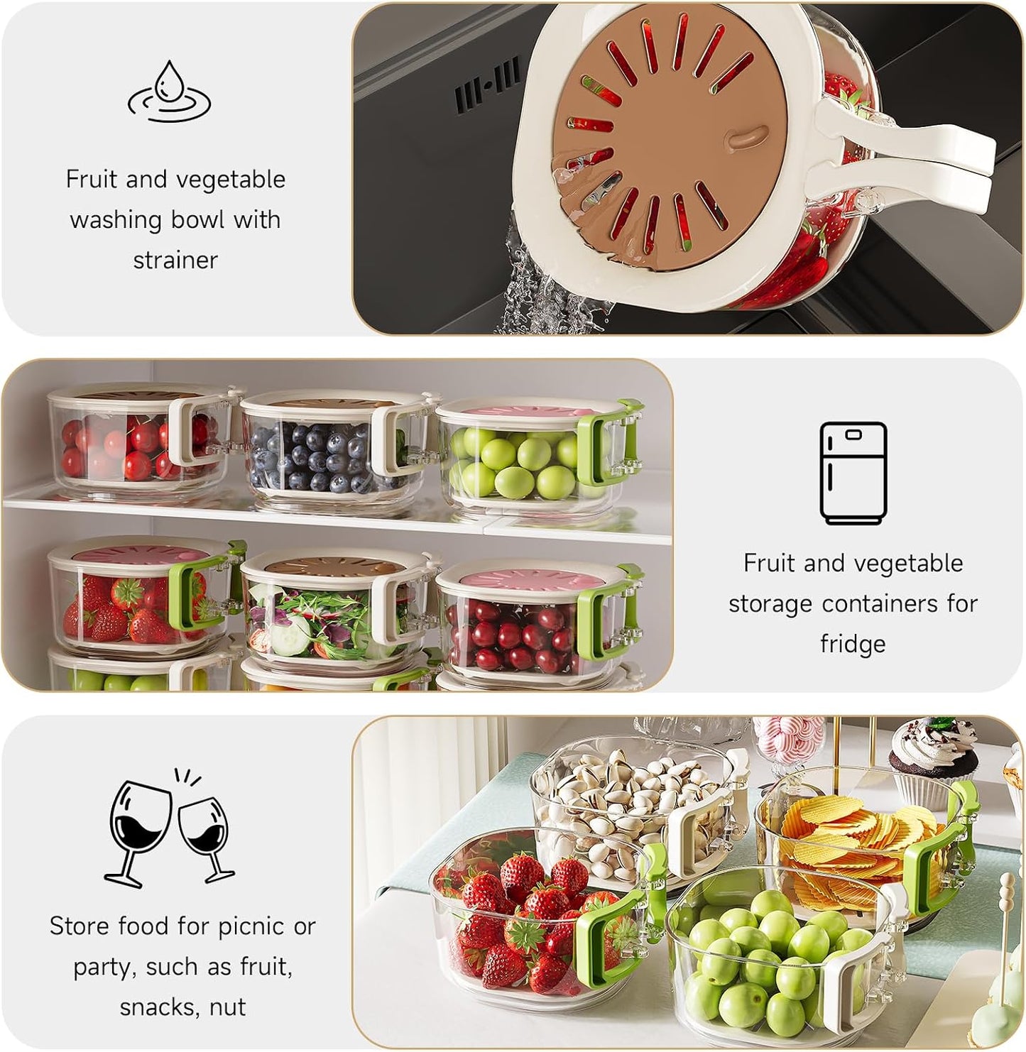 Fruit Vegetable Washing Bowl with Strainer, Multifunctional, Berry Lettuce Keeper for Fridge Refrigerator Organization, Portable Colander for Kitchen, Drainer Container With Lid, 2 Pack (Mix)