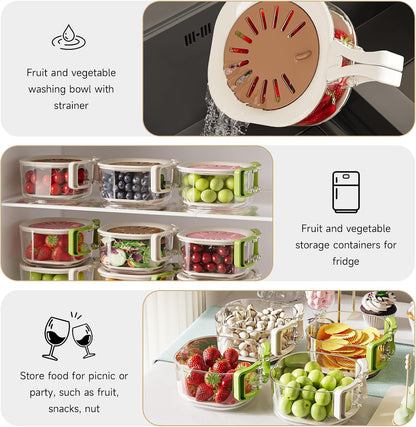 Fruit Vegetable Washing Bowl with Strainer, Multifunctional, Berry Lettuce Keeper for Fridge Refrigerator Organization, Portable Colander for Kitchen, Drainer Container With Lid, 2 Pack (Mix)