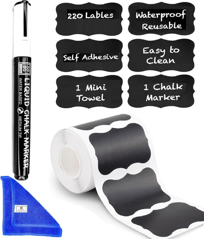 Chalkboard Labels for Jars, 162pcs Waterproof Reusable Stickers with Marker | 12 Shapes & 3 Sizes Chalk Sticker Labels for Jars & Containers, Easy-Wipe Labels Include Erasable Liquid Chalk Marker & Cloth