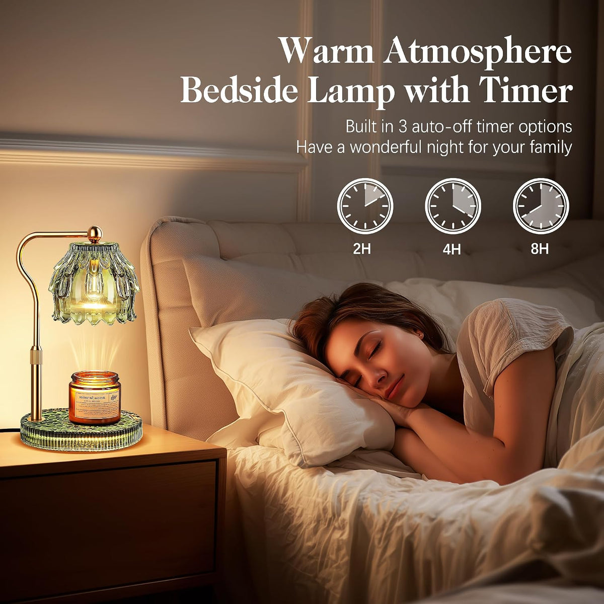 Candle Warmer Lamp with Timer Dimmer, Modern Wax Warmer for Scented Wax Jar Candle Warmer with 2 Bulbs, Adjustable Height Glass Lamp for Gifts for Women, Home Decor, Gold Amber