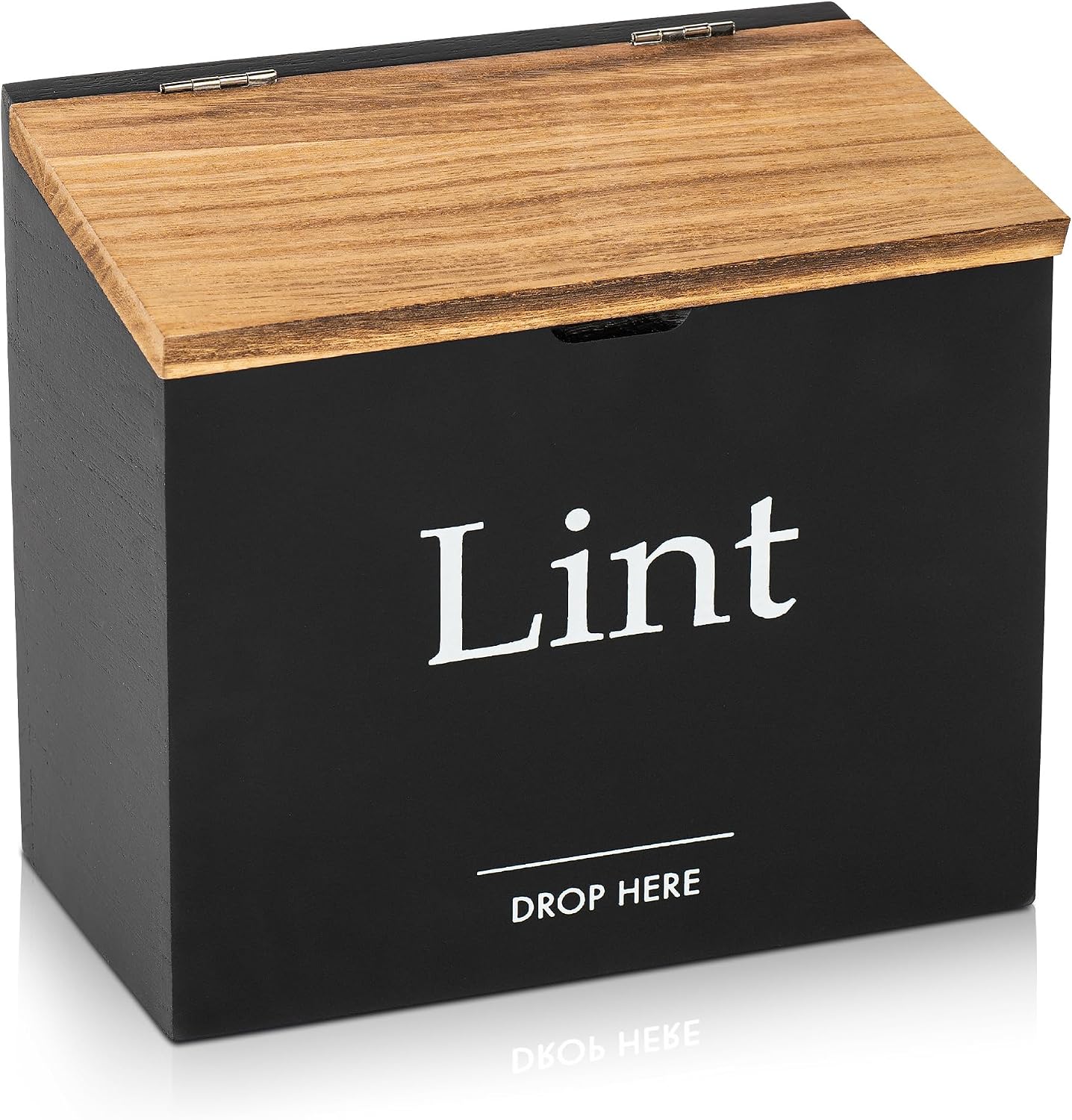 Magnetic Lint Bin for Laundry Room, Compact Size | Wooden Dryer Lint Bin with Lid - Rustic Lint Box, Magnetic Bin - Modern Farmhouse Laundry Room Decor, Black with Torched Lid