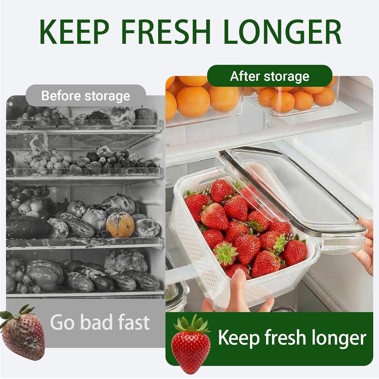 4 Pack Fruit Storage Containers for Fridge with Removable Colanders，4 in 1 Produce Storage Containers with Lids, Leakproof Fridge Organizer Bins for Salad Berry Lettuce Vegetables Meat Keeper Fresh