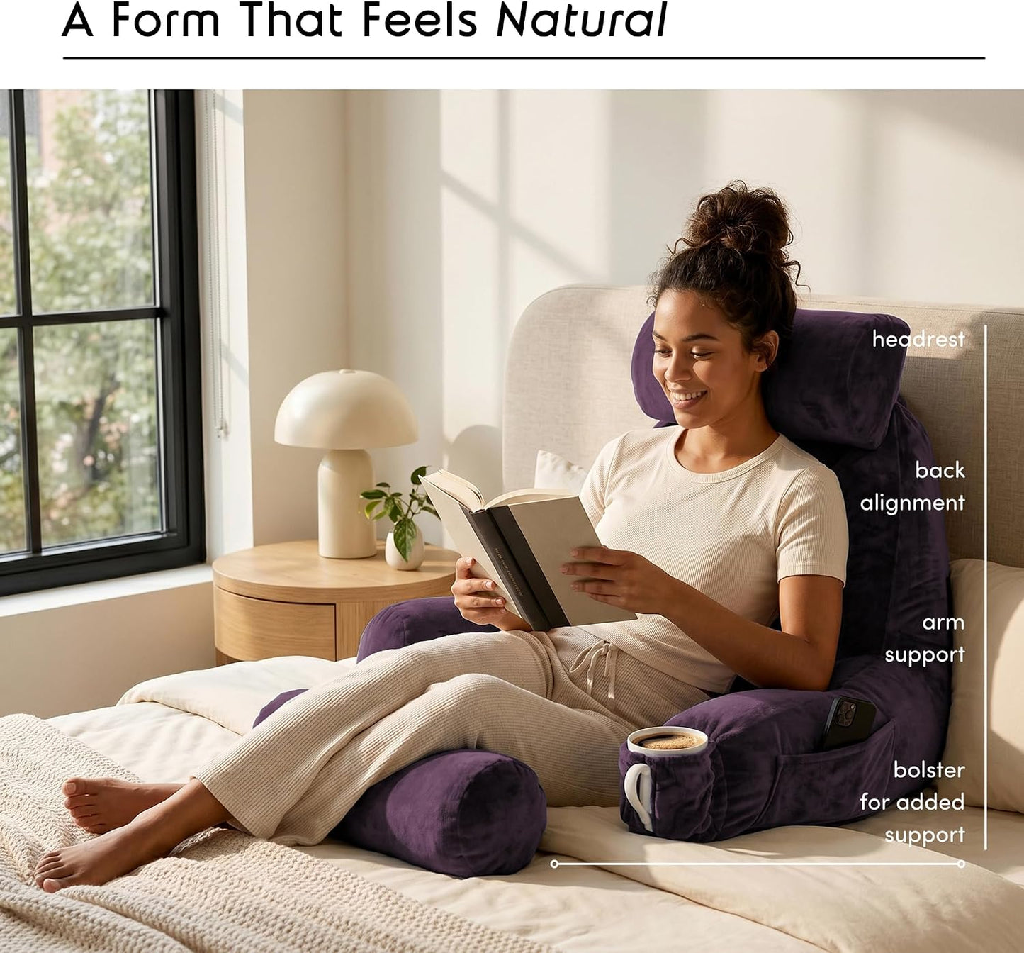 Nestl Reading Pillow with Shredded Memory Foam, Designed for Sitting Up in Bed and Couch, Back and Arms Adjustable Support for Adult & Teens Backrest Pillows for Reading, with Washable Cover Dark Grey