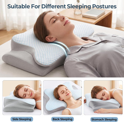 Cervical Pillow for Neck Pain Relief, Ergonomic Neck Pillow for Sleeping, Contour Side Sleeper Pillow for Neck Support, Orthopedic Cooling Memory Foam Pillows for Back Stomach Sleepers (Blue)