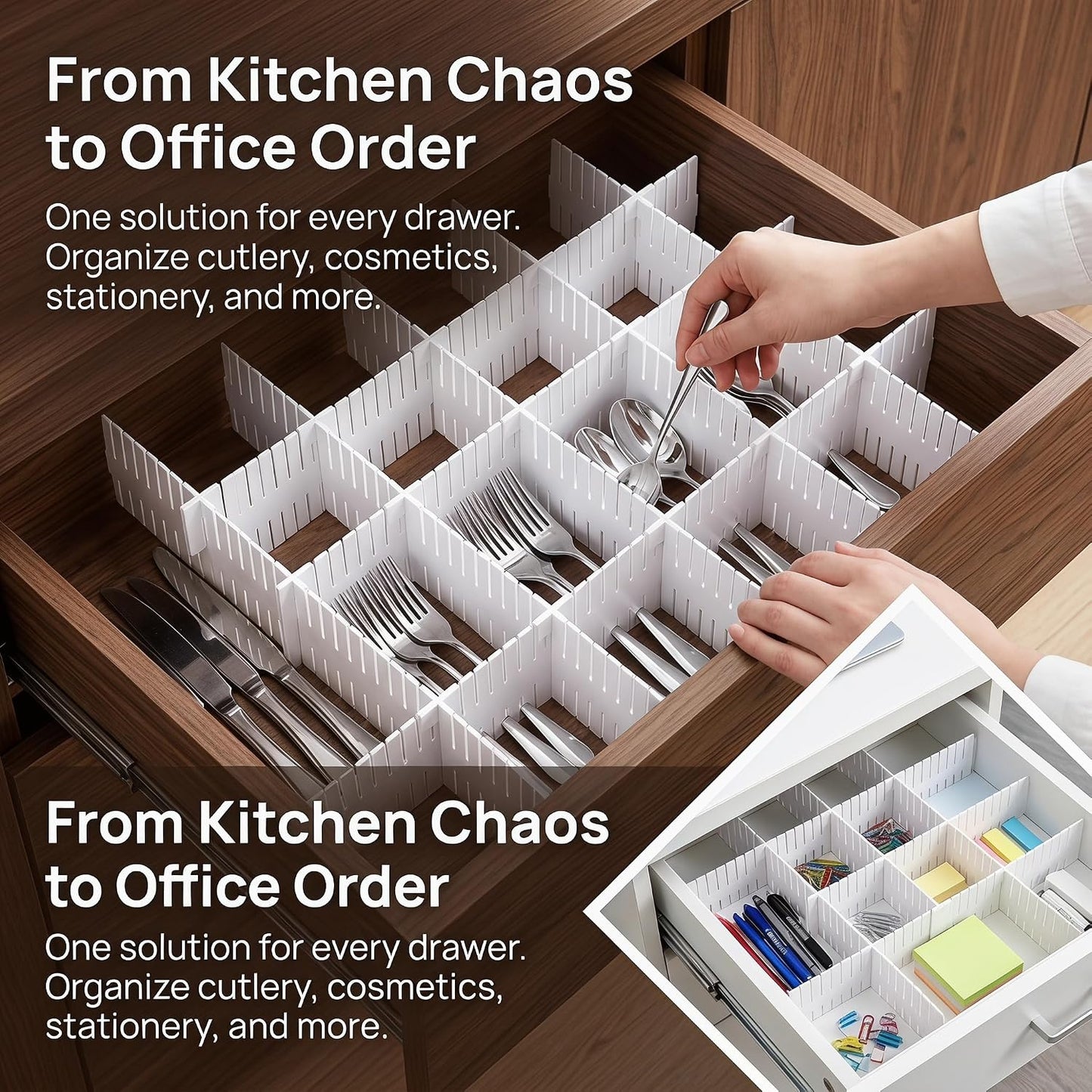 Adjustable Plastic Drawer Separators, 15 PCS Dividers + 25 Connectors, 14.96" Length x 4.33" Height, Cuttable Storage Organizer for Socks, Garments, Kitchen Tools, Bedroom & Bathroom Drawers