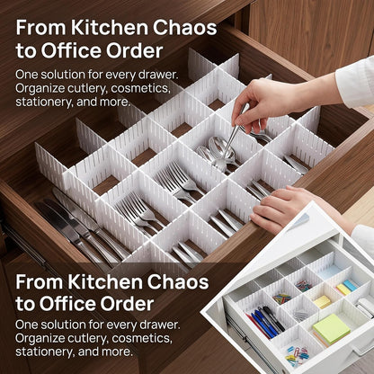 Adjustable Plastic Drawer Separators, 15 PCS Dividers + 25 Connectors, 14.96" Length x 4.33" Height, Cuttable Storage Organizer for Socks, Garments, Kitchen Tools, Bedroom & Bathroom Drawers