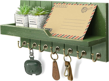 Rebee Vision Key Holder Wall Mount with 5 Key Hooks for Home Decor, Brown | 3.54'' x 10'' x 7.28'', Small Shelf for Display Plant, Key Hangers for Hat, Entryway Space-Saving Storage