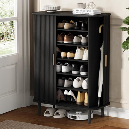 DHH Shoe Storage Cabinet with Sliding Door, 6-Tier Shoe Cabinet with Adjustable Shelves, Modern Freestanding Shoe Storage Organizer for Entryway, Hallway, Living Room (Walnut, 47 ")