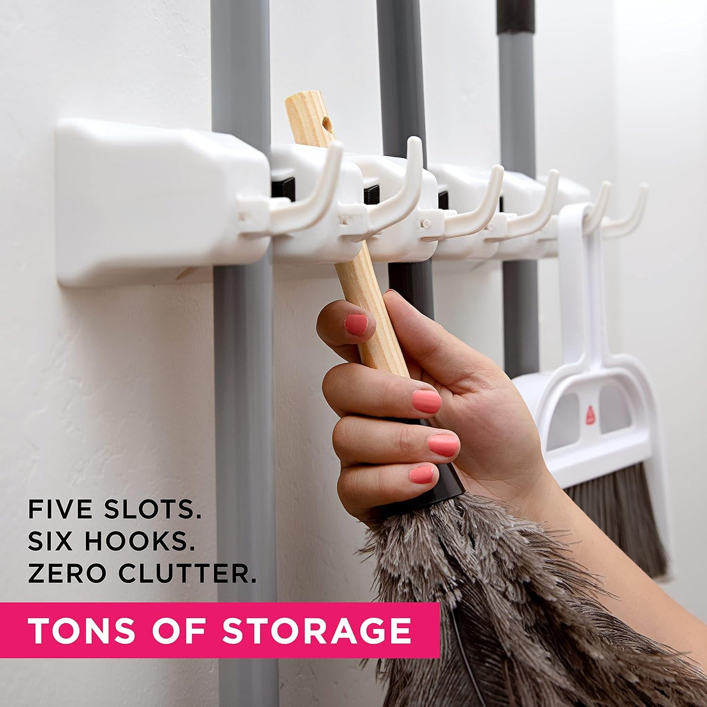 Broom Holder Wall Mount, Broom and Mop Organizer Wall Hanging Rack & Hanger | (Black) Broom Hanger Wall Mount, Mop and Broom Holder Wall Mount, Mop Holder, Hanger for Brooms and Mops, 5 Slots 6 Hooks