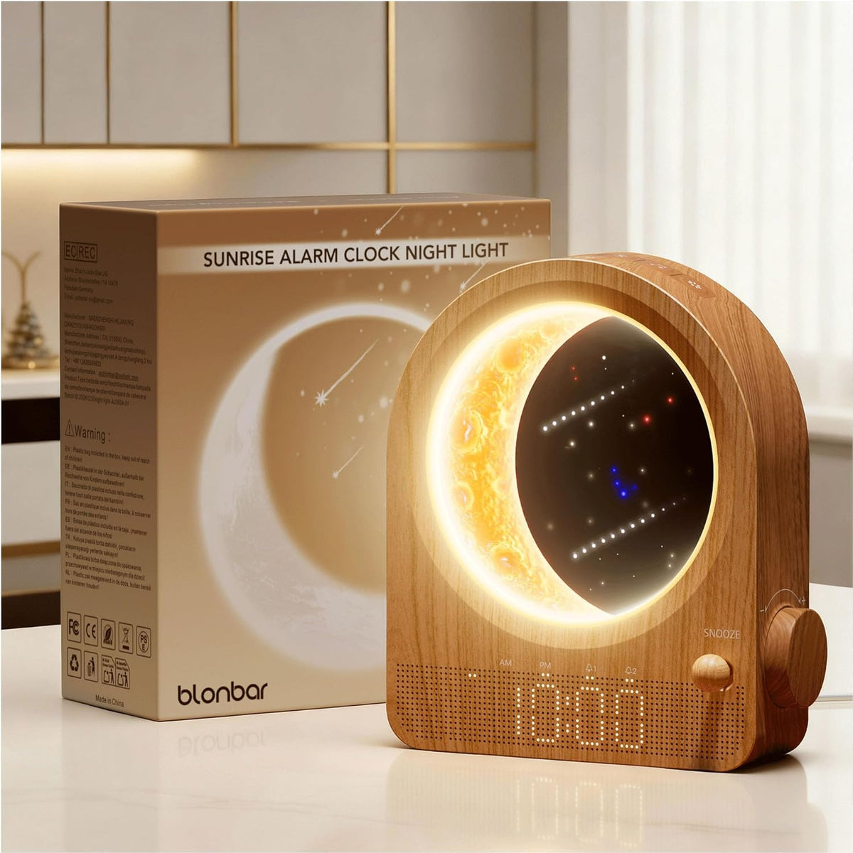 blonbar Sunrise Alarm Clocks for Bedrooms, Stepless Dimmable Moon Lamp Dual Alarm Clock with 12Levels Volume for Heavy Sleepers, 10 Natural Sounds with 30/60/90mins Timer, Gifts for Women