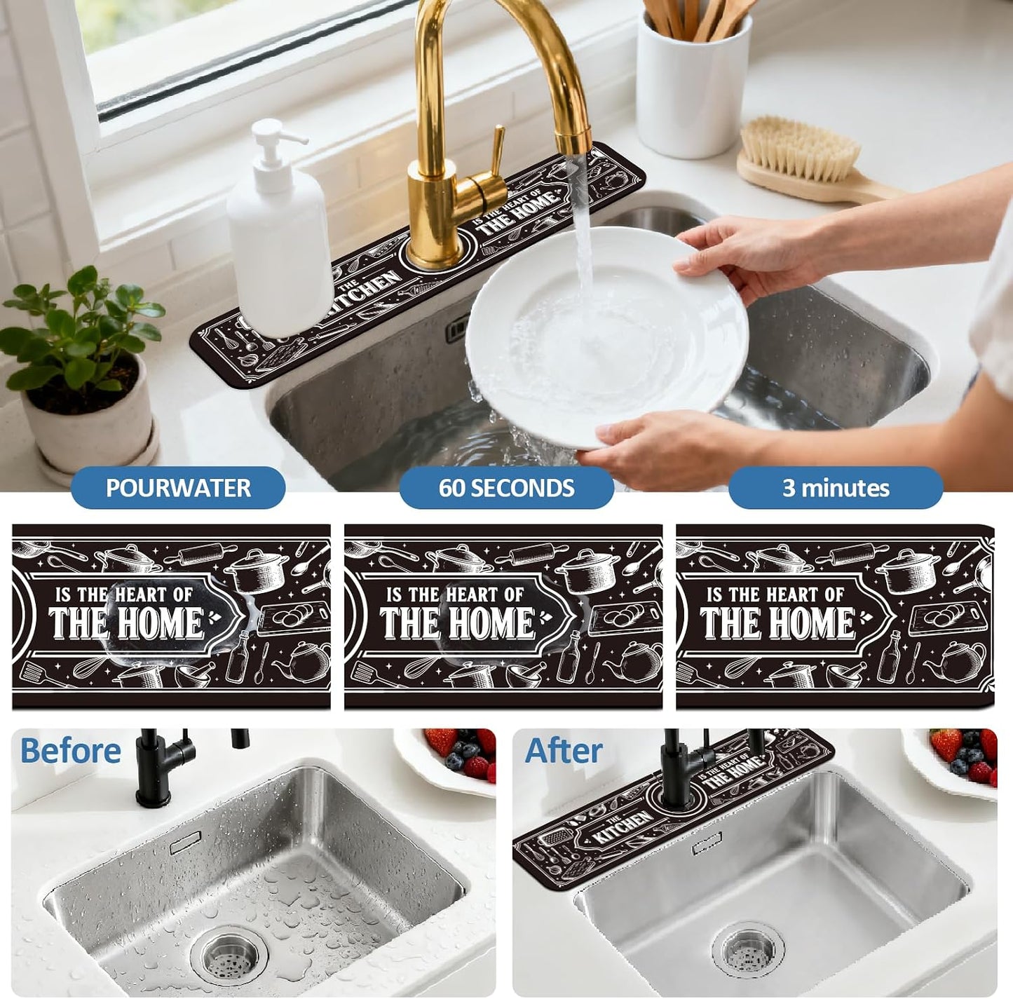 2Pcs Peonies Kitchen Sink Splash Guard Faucet Mat Vintage Florals Faucet Mat For Bathroom Kitchen 5.5x23.6In