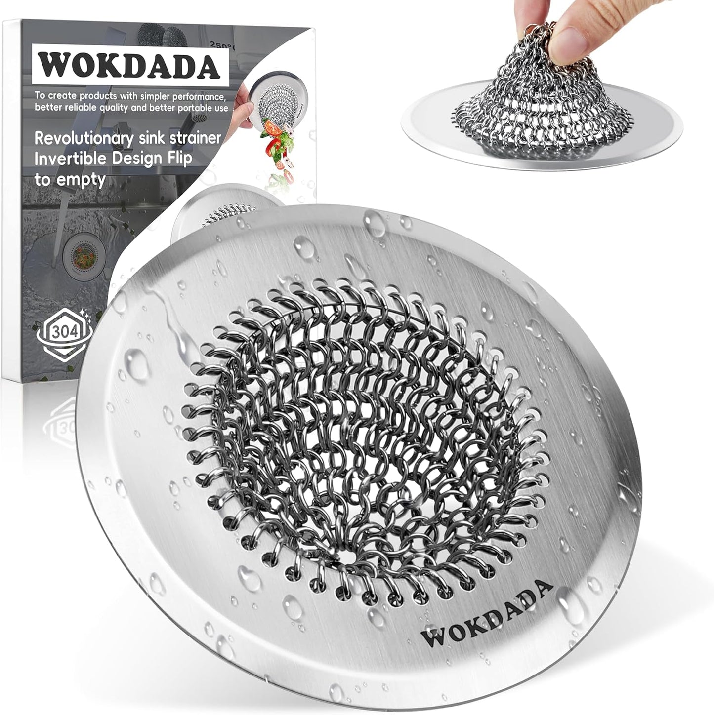 Kitchen Sink Drain Strainer,Patented Reversible Chain Mesh Basket Anti-Clog | Revolutionary Sink Strainer，Easy Clean，Fast Drainage，304 Stainless Steel Rust-Proof，4.4" Large Capacity Food Catcher，Handmade