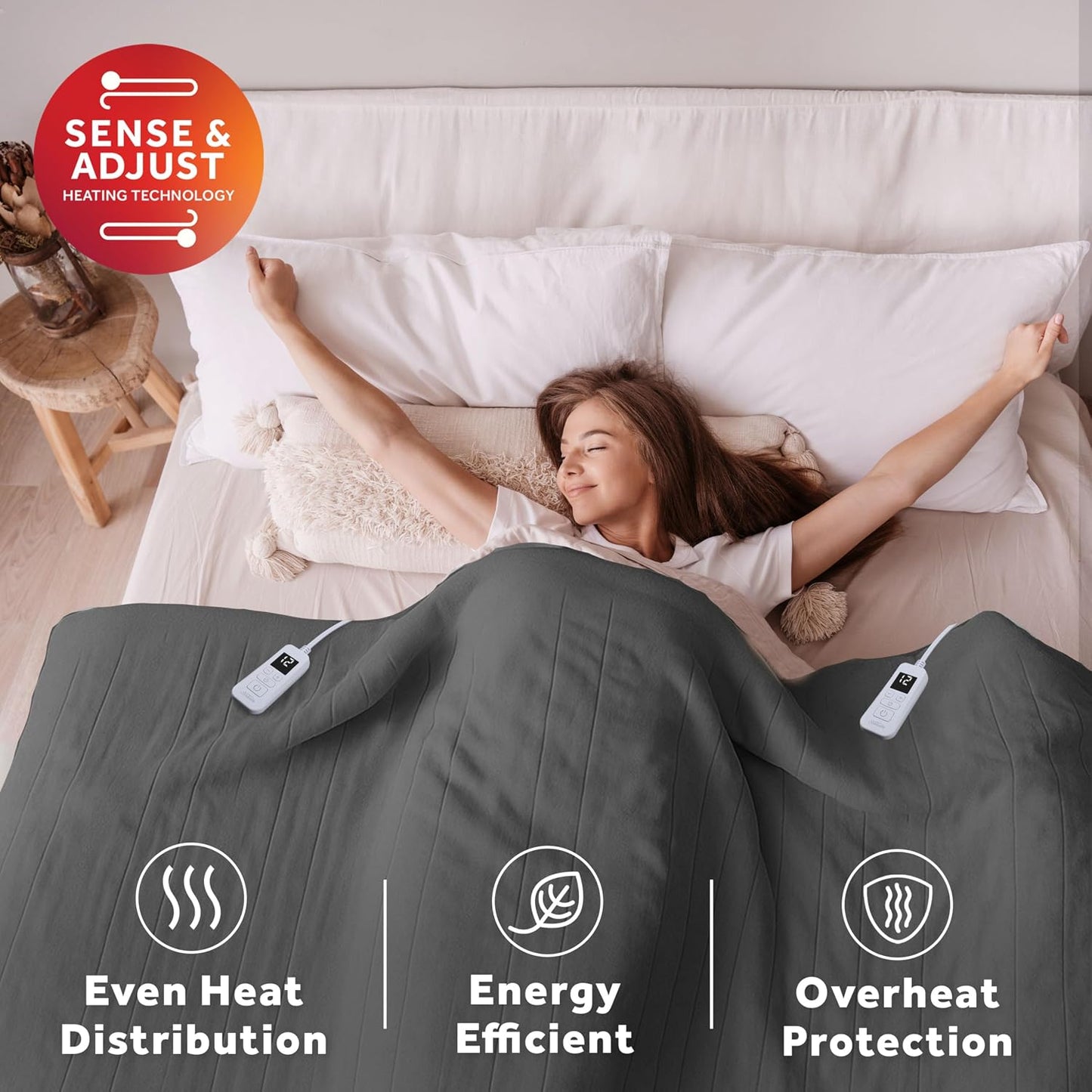 Sunbeam Royal Posh Dove Grey Heated Personal Throw / Blanket, Cozy-Warm, Adjustable Heat Settings