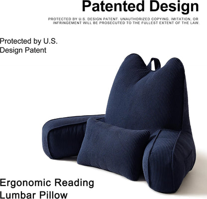 Patented Design Reading Pillow with Arms for Sitting Up, 2-in-1 Bed Rest Pillow with Detachable Lumbar Support, Backrest Support Cushion for Couch with Side Pockets & Handle, Beige Gray