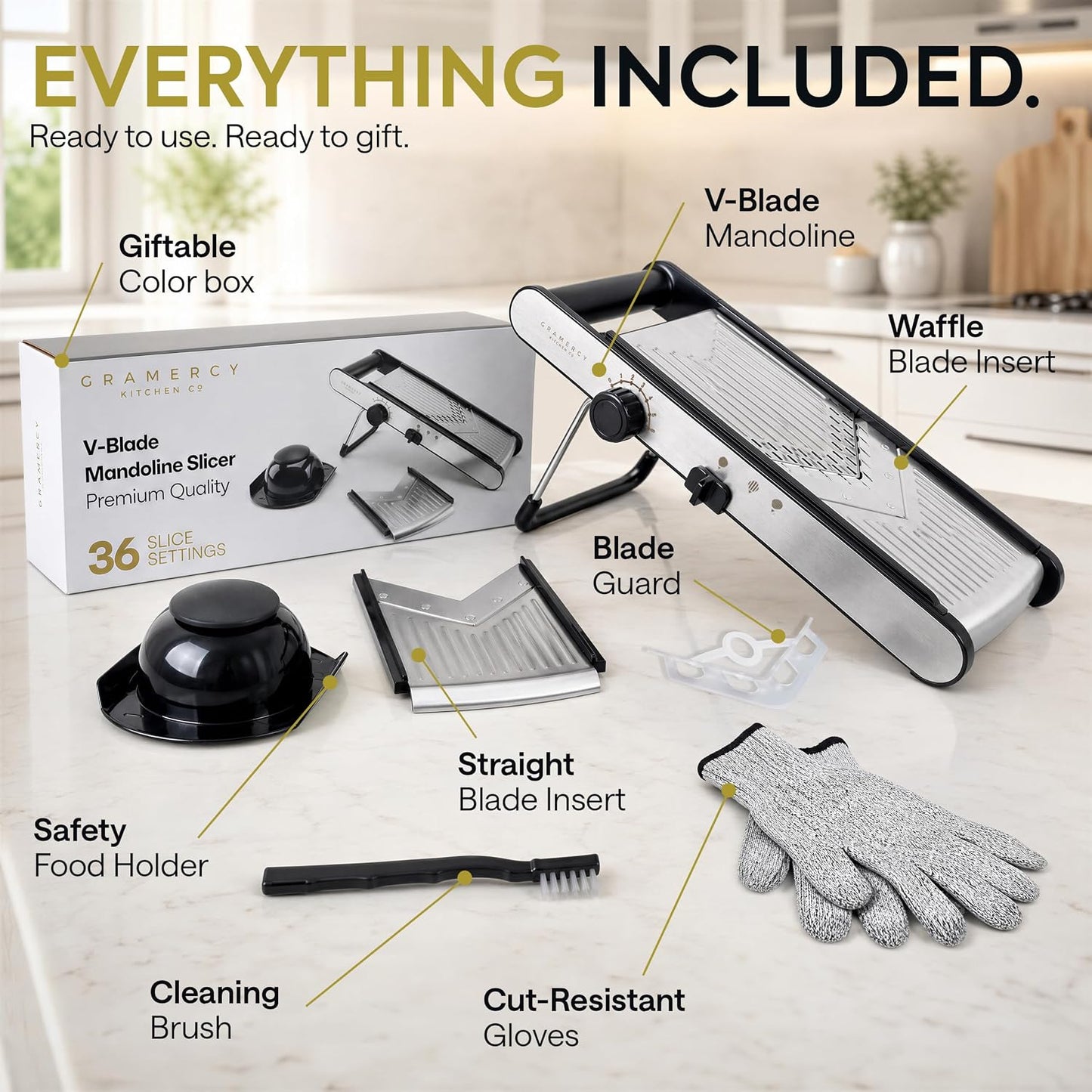Gramercy Mandoline Slicer for Kitchen, Adjustable V-Blade Stainless Steel Vegetable Slicer with Waffle and Julienne Blades, Cut-Resistant Gloves, Cleaning Brush, Safety Lock, Dishwasher Safe
