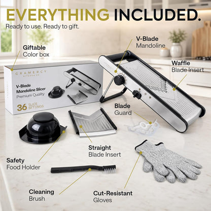 Gramercy Mandoline Slicer for Kitchen, Adjustable V-Blade Stainless Steel Vegetable Slicer with Waffle and Julienne Blades, Cut-Resistant Gloves, Cleaning Brush, Safety Lock, Dishwasher Safe