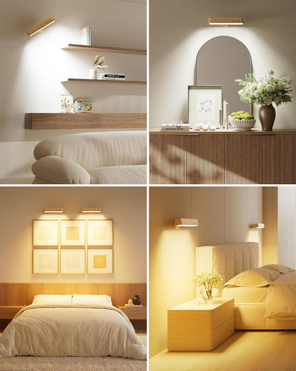 PopoIron Rechargeable LED Wall Sconces Set of Two,Wall Lights for Bedroom with Remote Control and Touch,360° Magnetic Rotation,3 Colors Dimmable Brightness Wood Wall Lamps with 15 RGB Colors,2 Pack