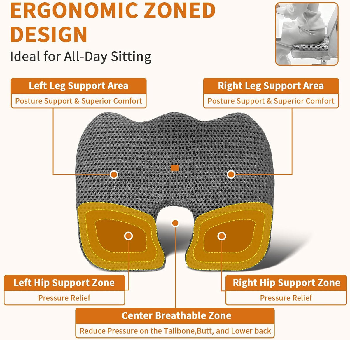 Gooo&Ma Air Fiber Seat Cushion, U-Shape Tailbone Comfort, Black | Thin design for office/car, breathable air fiber cooling, ergonomic, washable, non-slip, portable, 17.7"x13.8"x1.6"