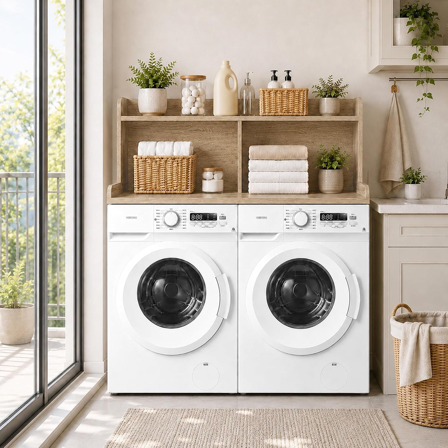Royxen Washer Dryer Countertop with Extra Tall Shelf, 19" Height Washer and Dryer Topper, Laundry Countertop with Non-Slip Pads, Universal Fit for Laundry Room Organization, Walnut