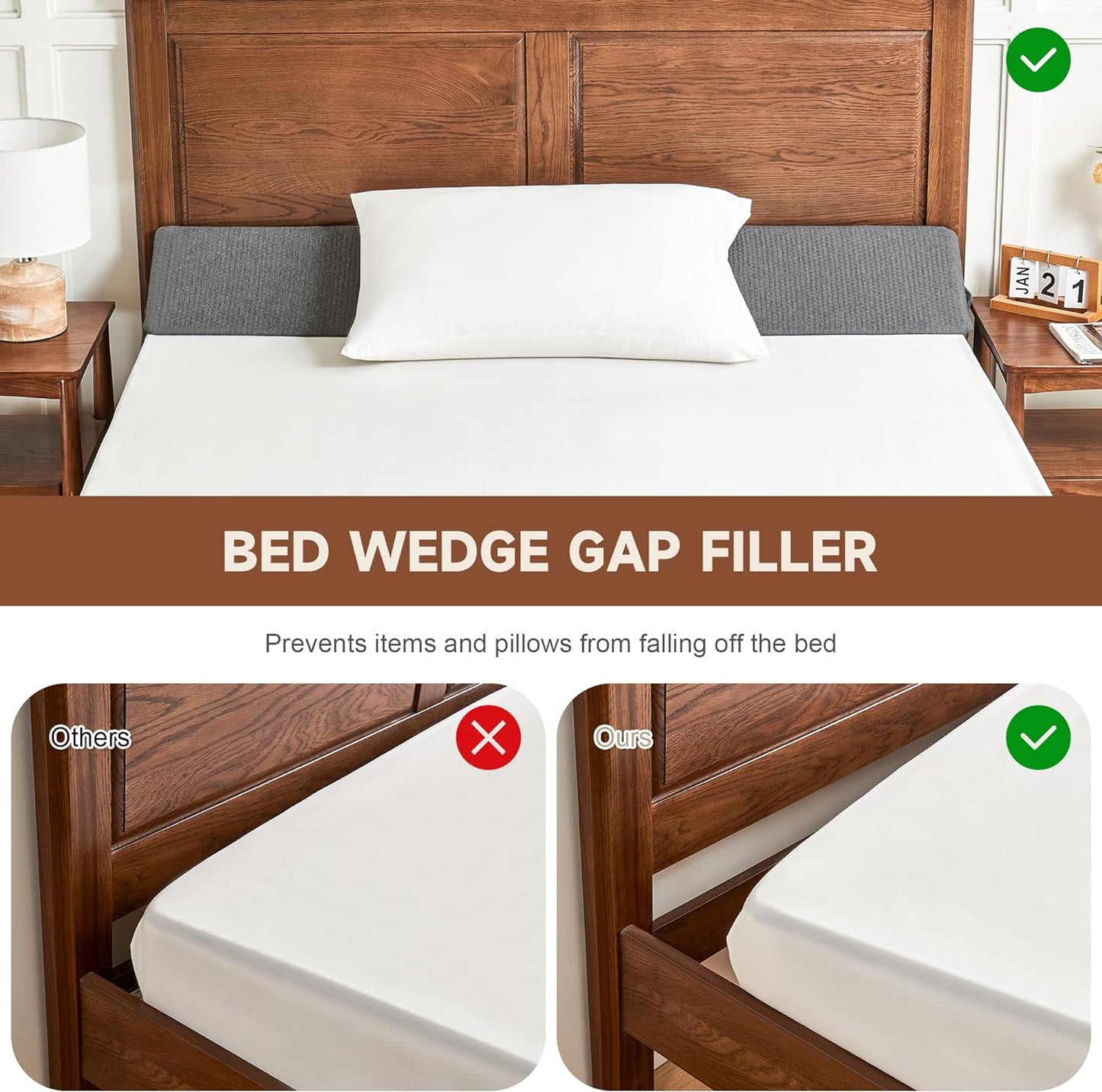 IFNOW Queen Size(60"x6"x10") Bed Wedge Pillow for Headboard, Mattress Gap Filler(0-8"), Bed Wedge for Gap Between Your Headboard and Mattress Dark Grey | High-Density Foam,Fills 0-8"Mattress Gap,Prevents Pillow & Items Falling,Works with Headboard or