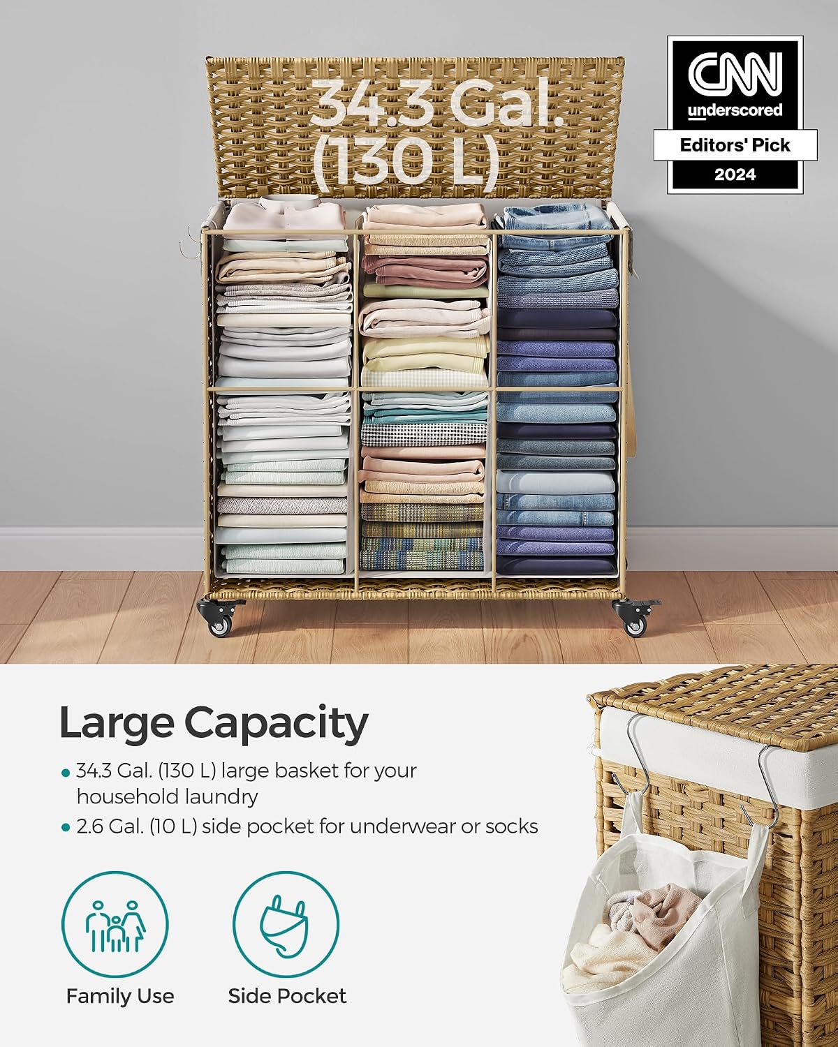 SONGMICS Laundry Hamper with Lid, 42.3 Gallons (160 L), Rolling Laundry Basket with Wheels, 3-Section Synthetic Rattan, Removable Liner, Bedroom, 29.9 x 13 x 26 Inches, Natural ULCB365N01