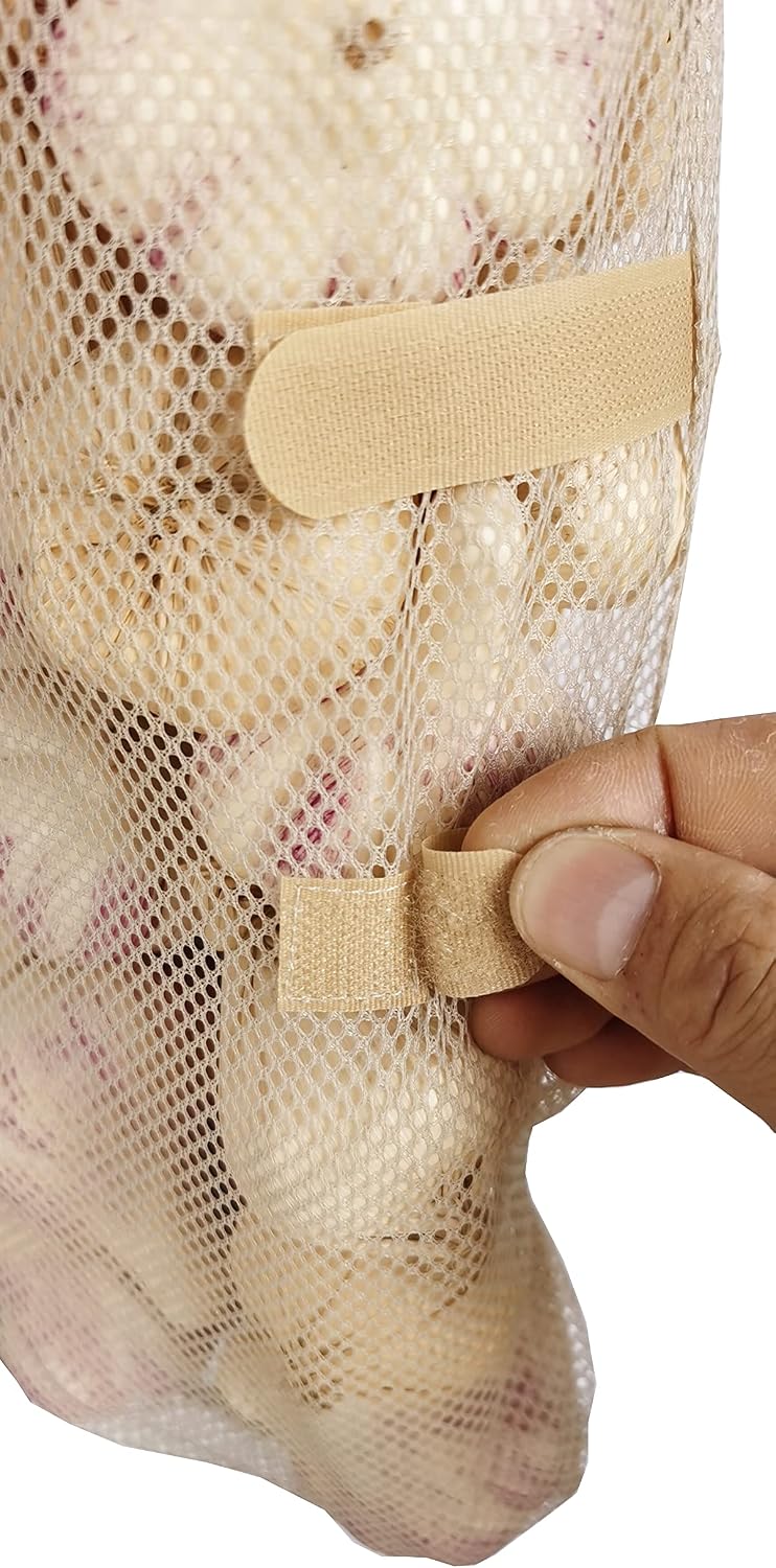 Hanging Mesh Storage 5Pack Potato & Onion Bags - Large Reusable Net Produce Bags (Beige)