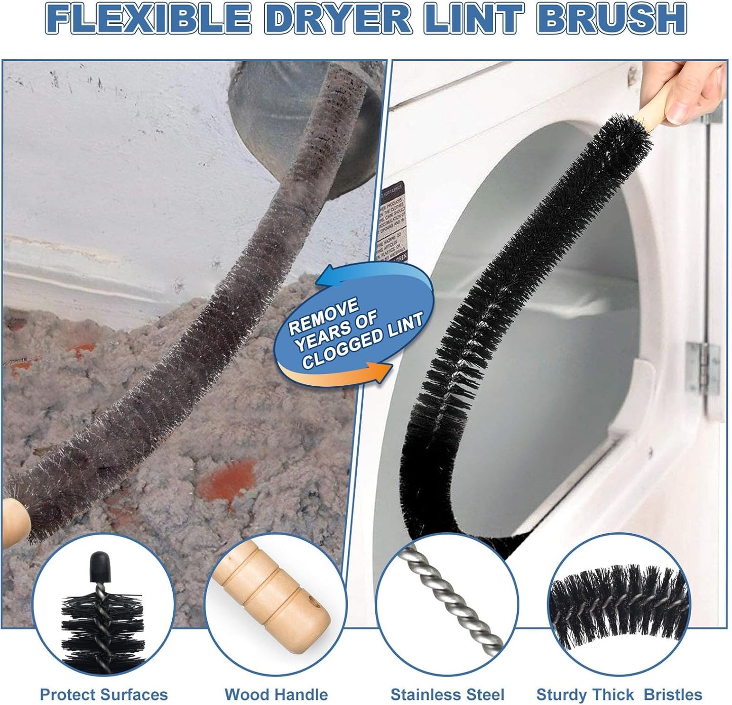 PetOde 2Pcs Dryer Vent Cleaner Kit Universal Vacuum Hose Attachment & Brush | Black Upgraded Flexible Hose for Smooth Airflow Without Whistling Noise, Fits Most Vacuums for Deep Cleaning