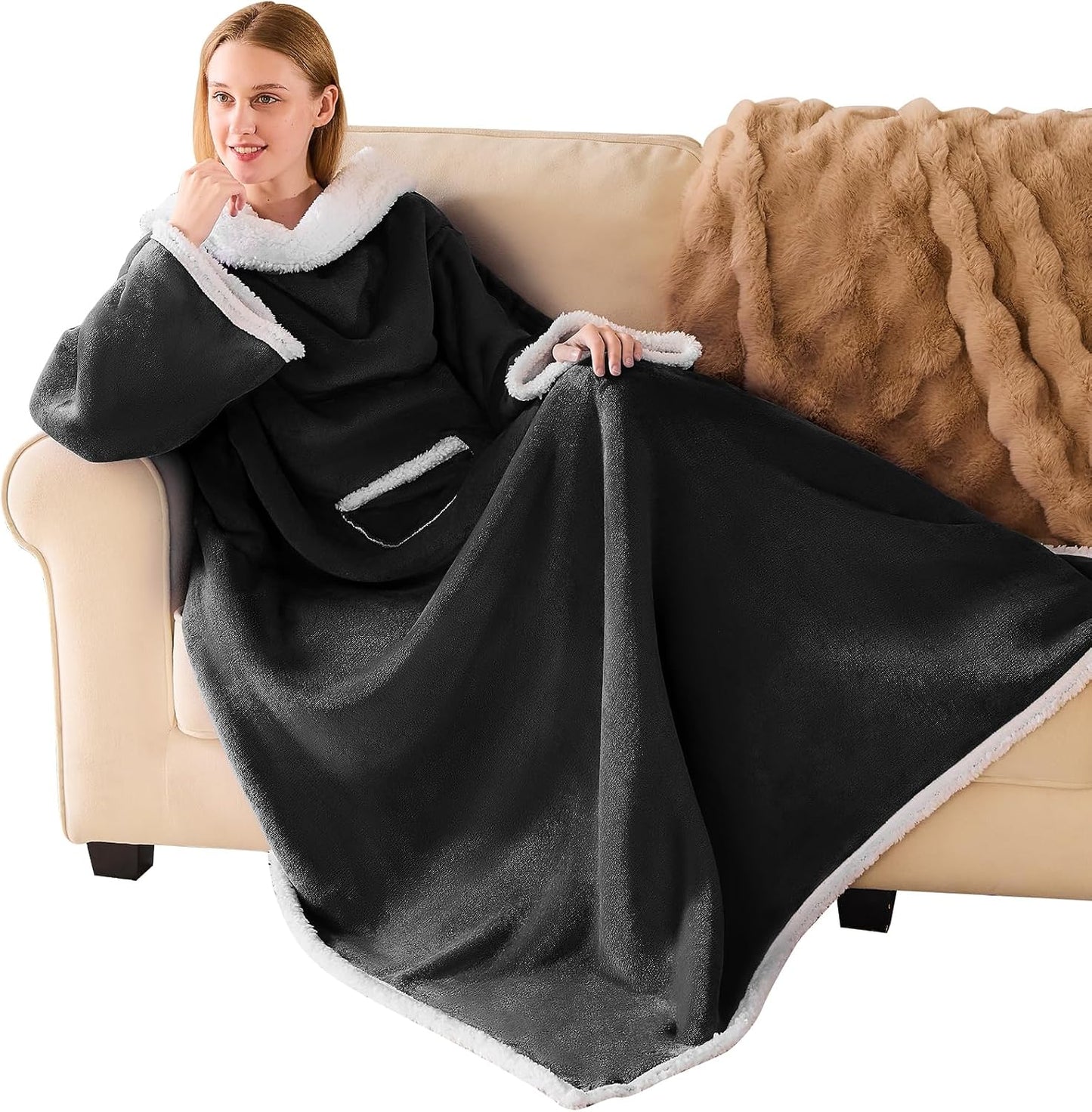 IFNOW Sherpa Wearable Blanket with Sleeves, Oversized Snuggle Robe, Purple | 430GSM Thick, 55x69", Big Pocket, TV Blanket,Fall Winter Dorm Essentials or Office, Christmas Birthday Gifts for Women Men