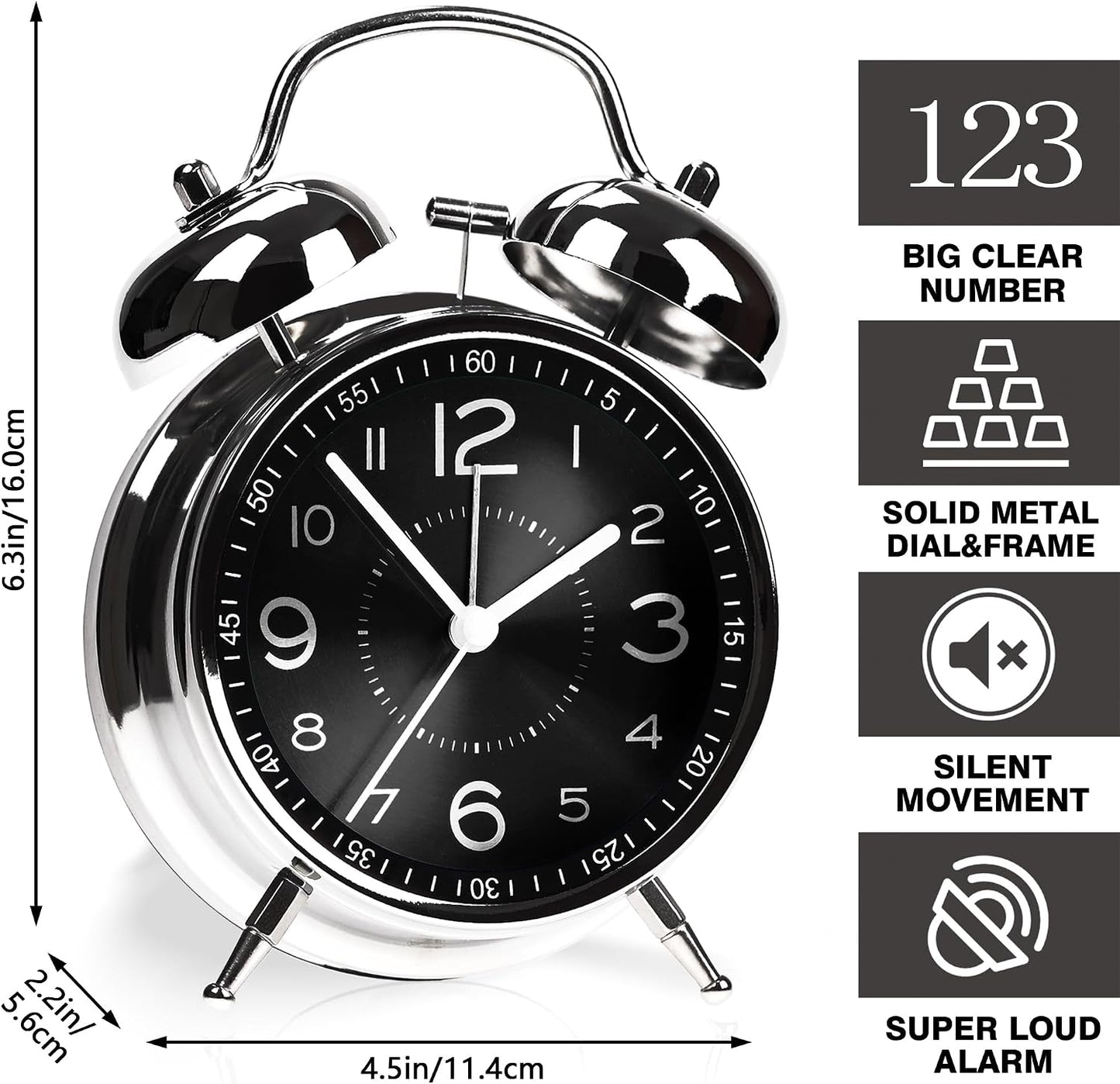 AYRELY® Super Loud Alarm Clock for Heavy Sleepers, 4.5 Inch Twin Bell Retro | Silent Non-Ticking Quartz with Backlight, Luminous Dial, Metal Alarm Clocks for Bedrooms and Bedside