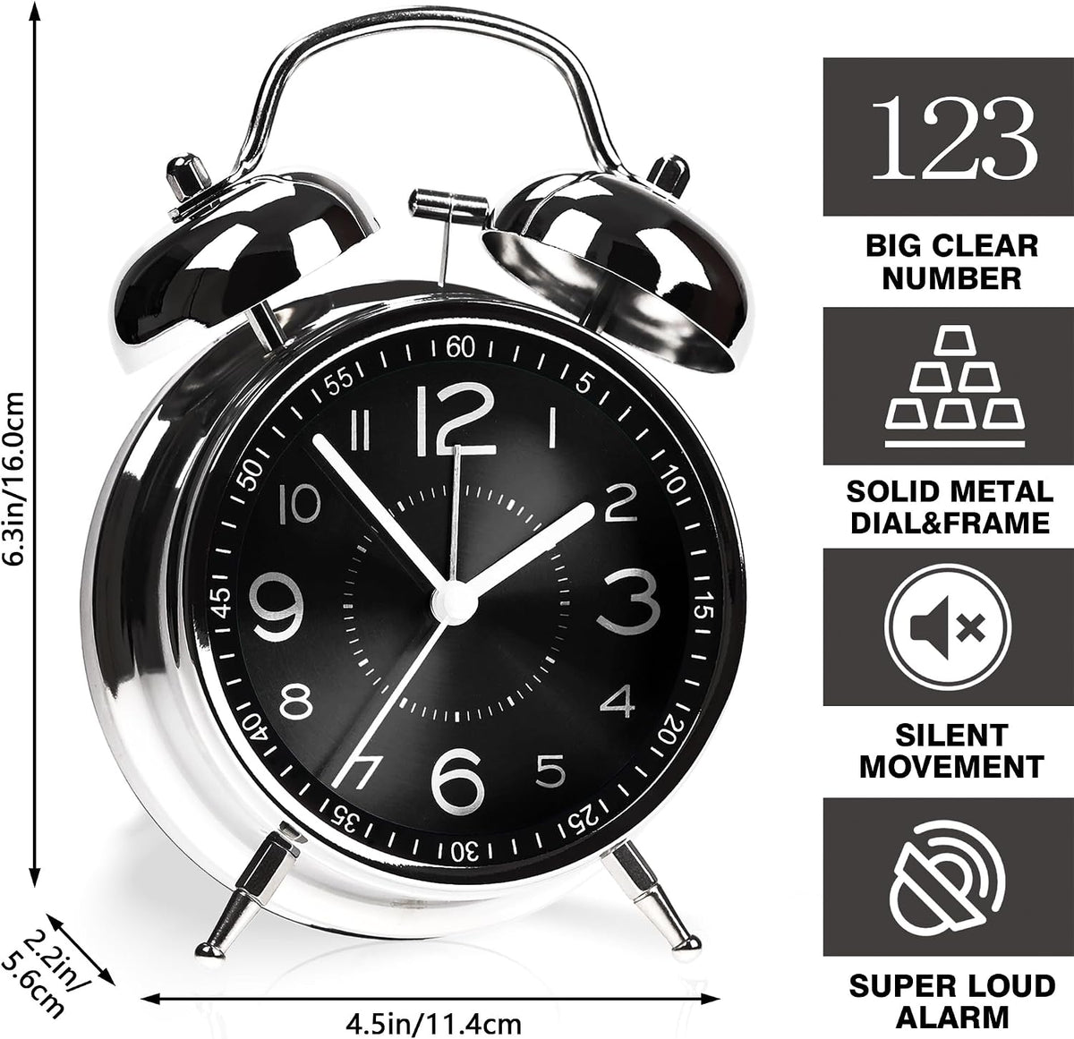 AYRELY® Super Loud Alarm Clock for Heavy Sleepers, 4.5 Inch Twin Bell Retro