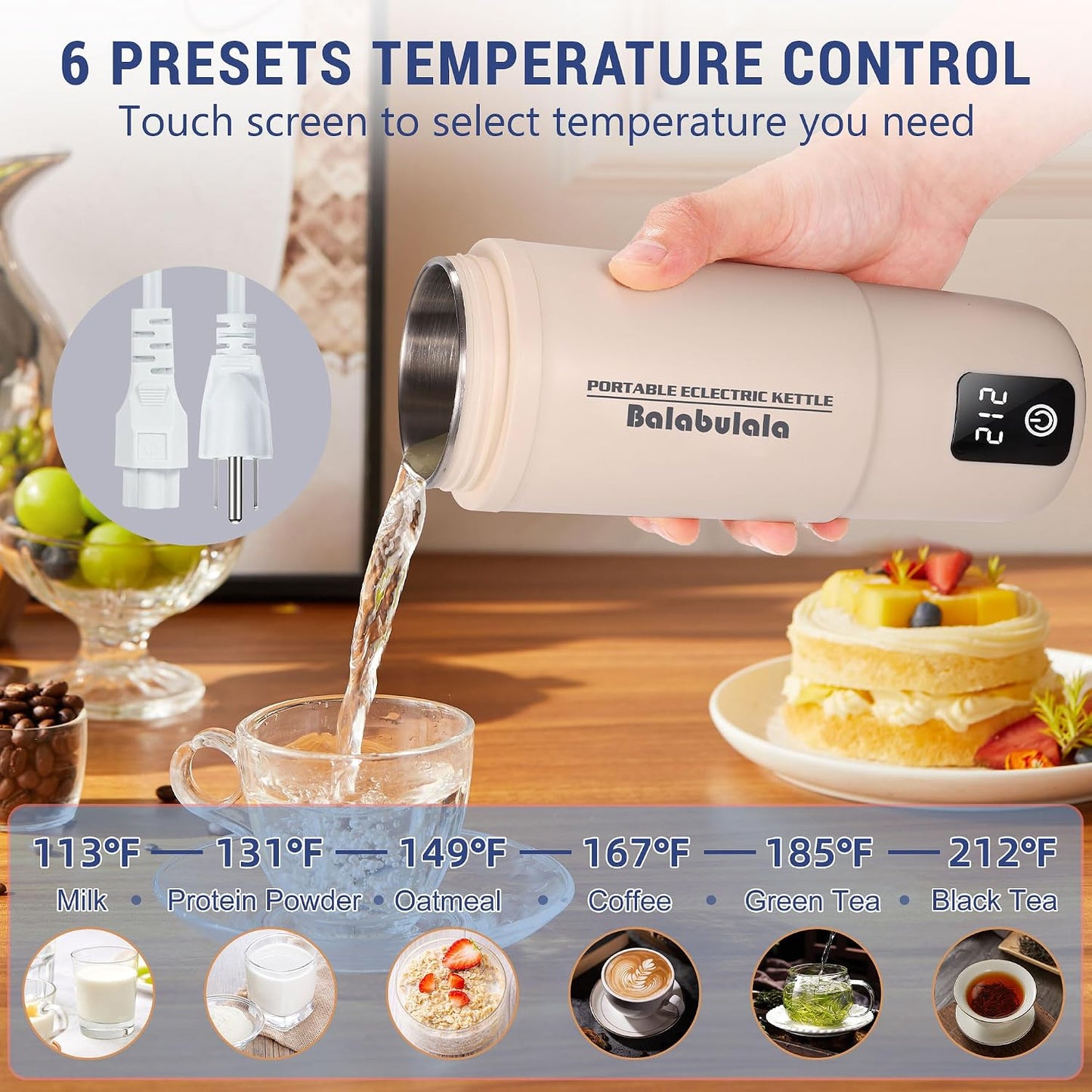 Travel Electric Kettle, Balabulala Portable Water Boiler with 6 Variable Presets,Small Electric Kettle With Silicone Base Cover to Prevent water, Boil Dry Protection,14oz